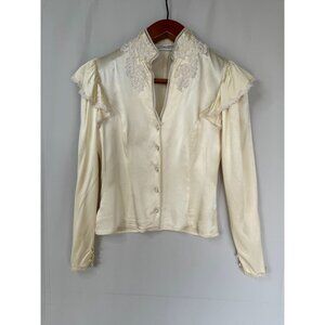 Jessica McClintock Ivory Satin Blouse with Embroidered Collar